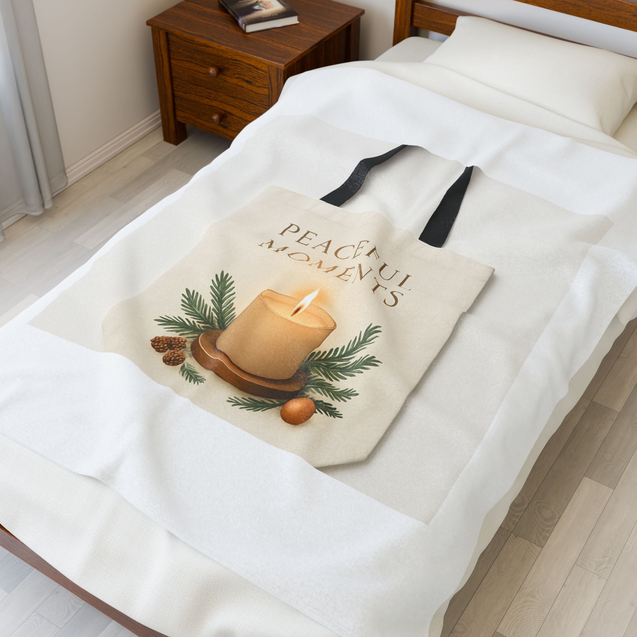 Velveteen Plush Blanket — "Peaceful Moments" Candle Cozy Throw for Holiday & Winter Relaxation